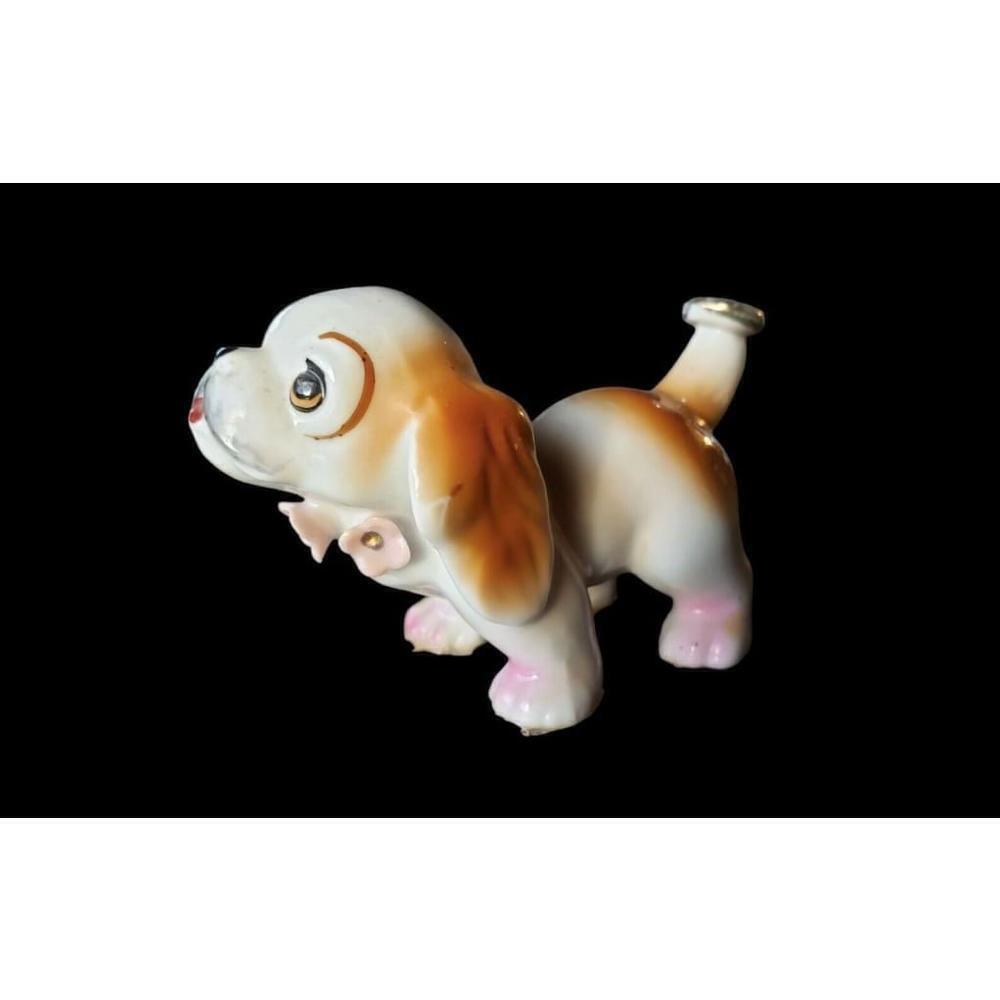 Vintage MCM Spaniel Dog Japan Porcelain Ceramic Figure Pink Flowers gold halo